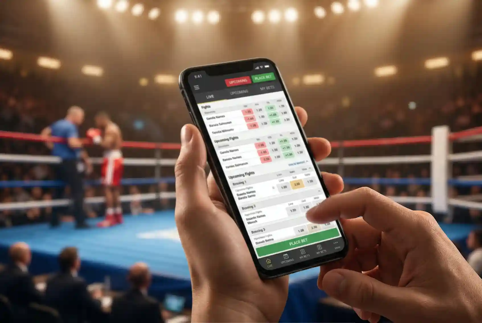 Telefono movil mostrando una aplicacion de apuestas deportivas junto a un ring de boxeo