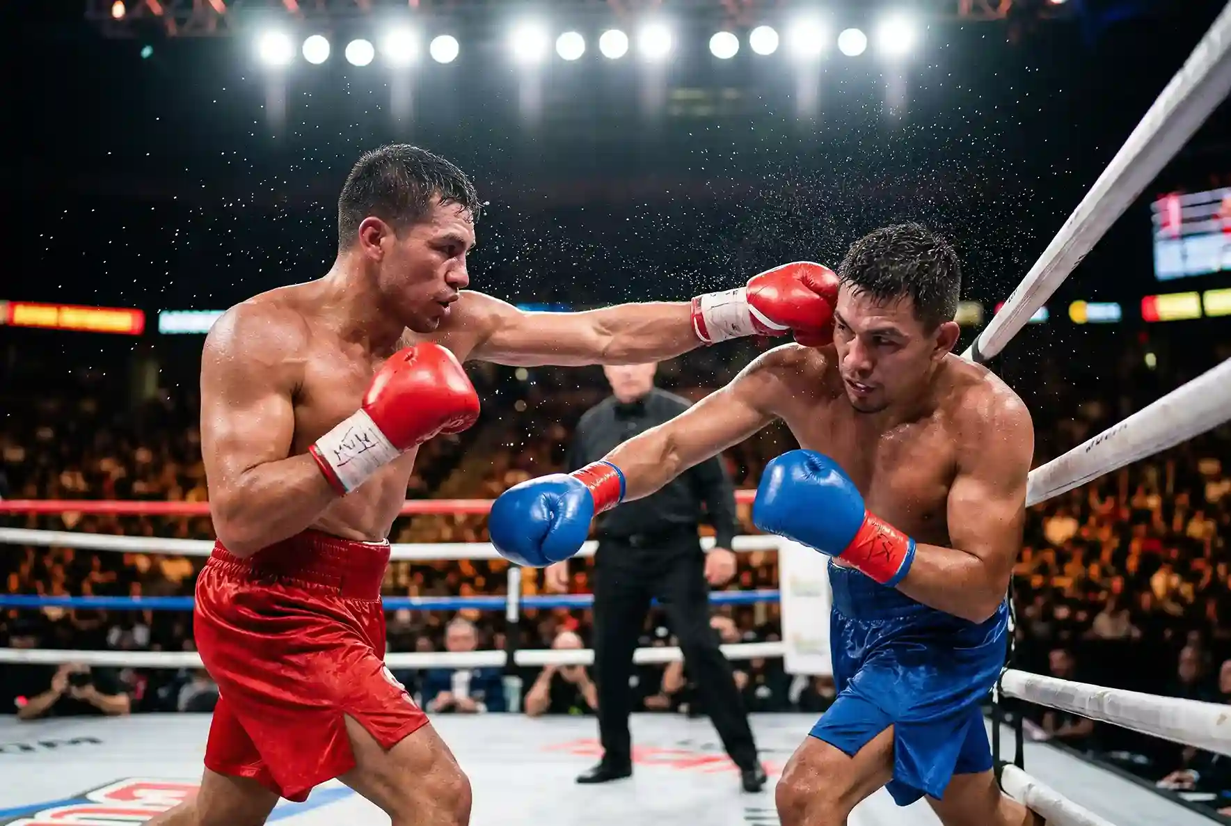 Dos boxeadores en pleno combate sobre el ring iluminado bajo los focos del recinto