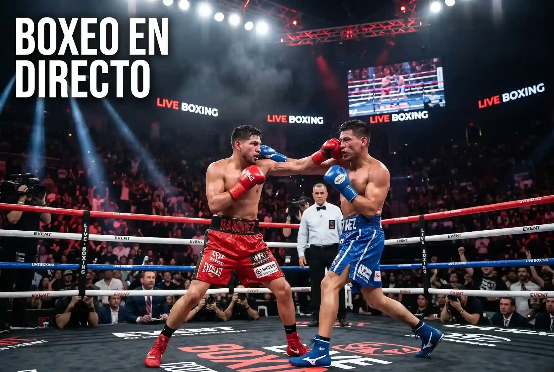 Combate de boxeo en directo con ambiente de arena iluminada y público en las gradas