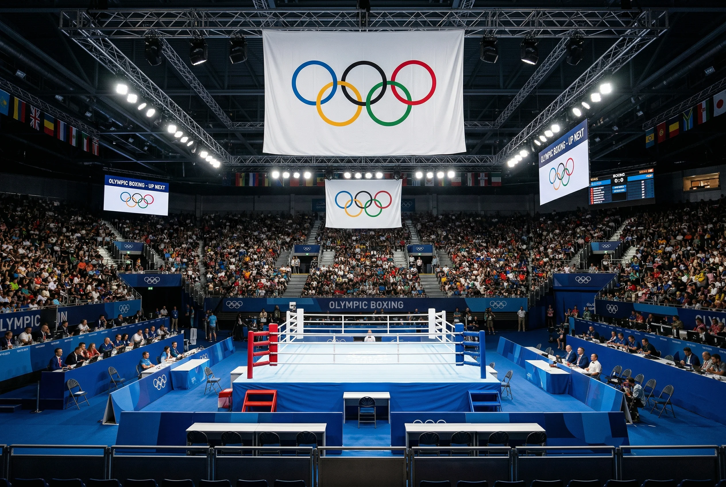 Ring de boxeo olimpico con los cinco aros olimpicos visibles en el fondo del pabellon