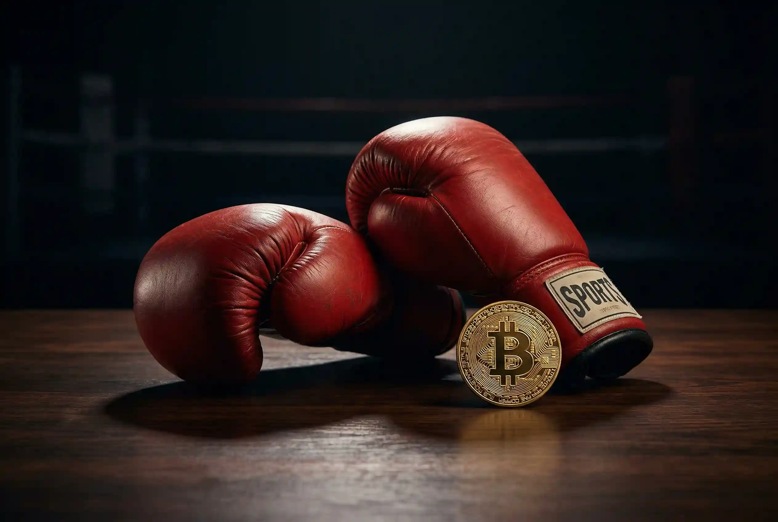 Moneda de bitcoin junto a guantes de boxeo sobre una mesa oscura