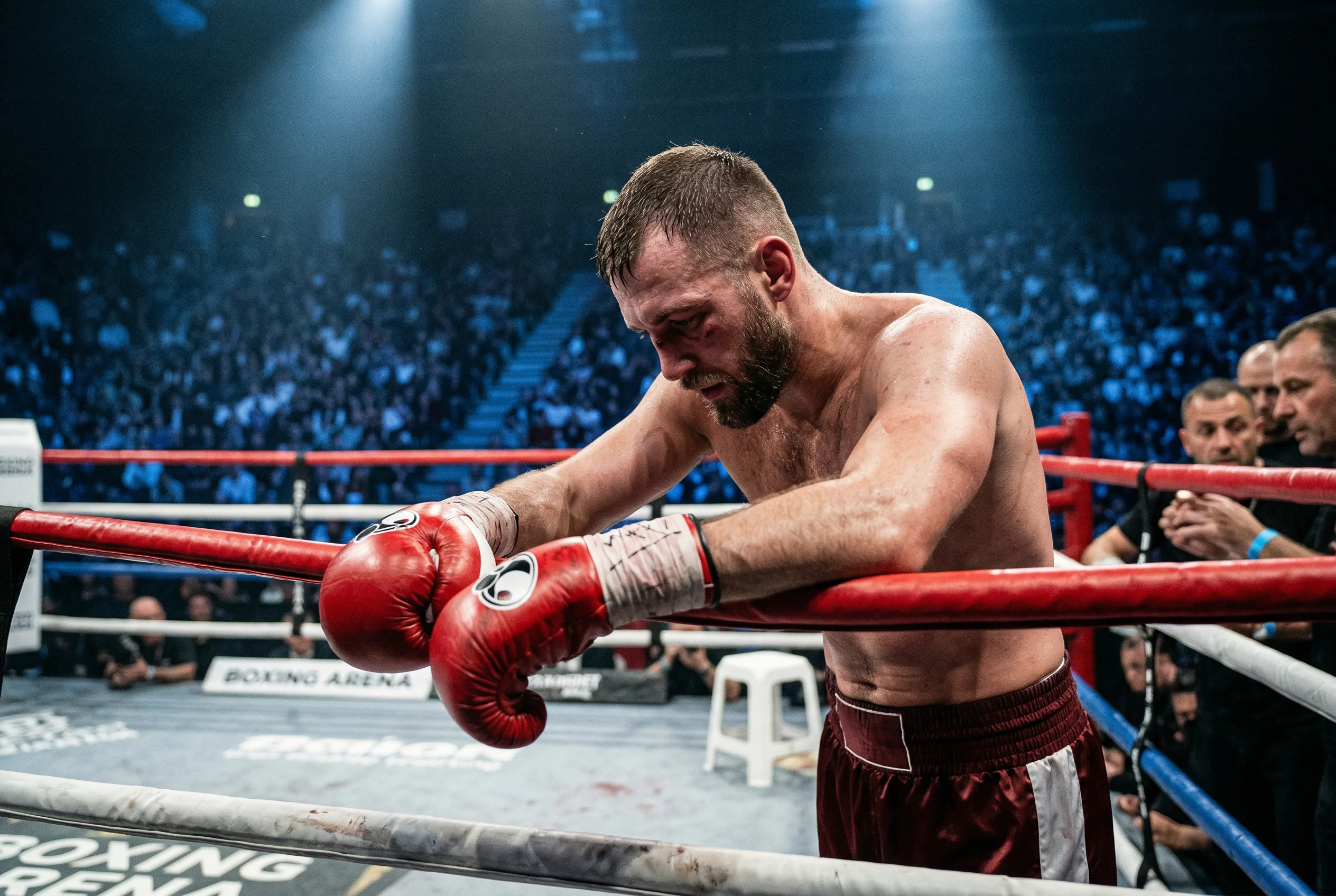 Boxeador apoyado en las cuerdas del ring con expresion de frustracion tras un combate