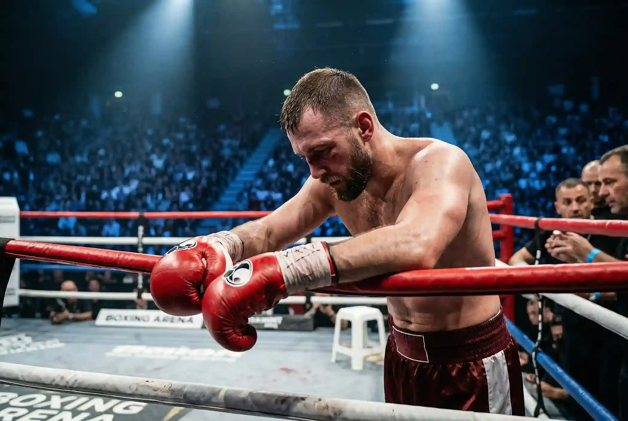 Boxeador apoyado en las cuerdas del ring con expresion de frustracion tras un combate