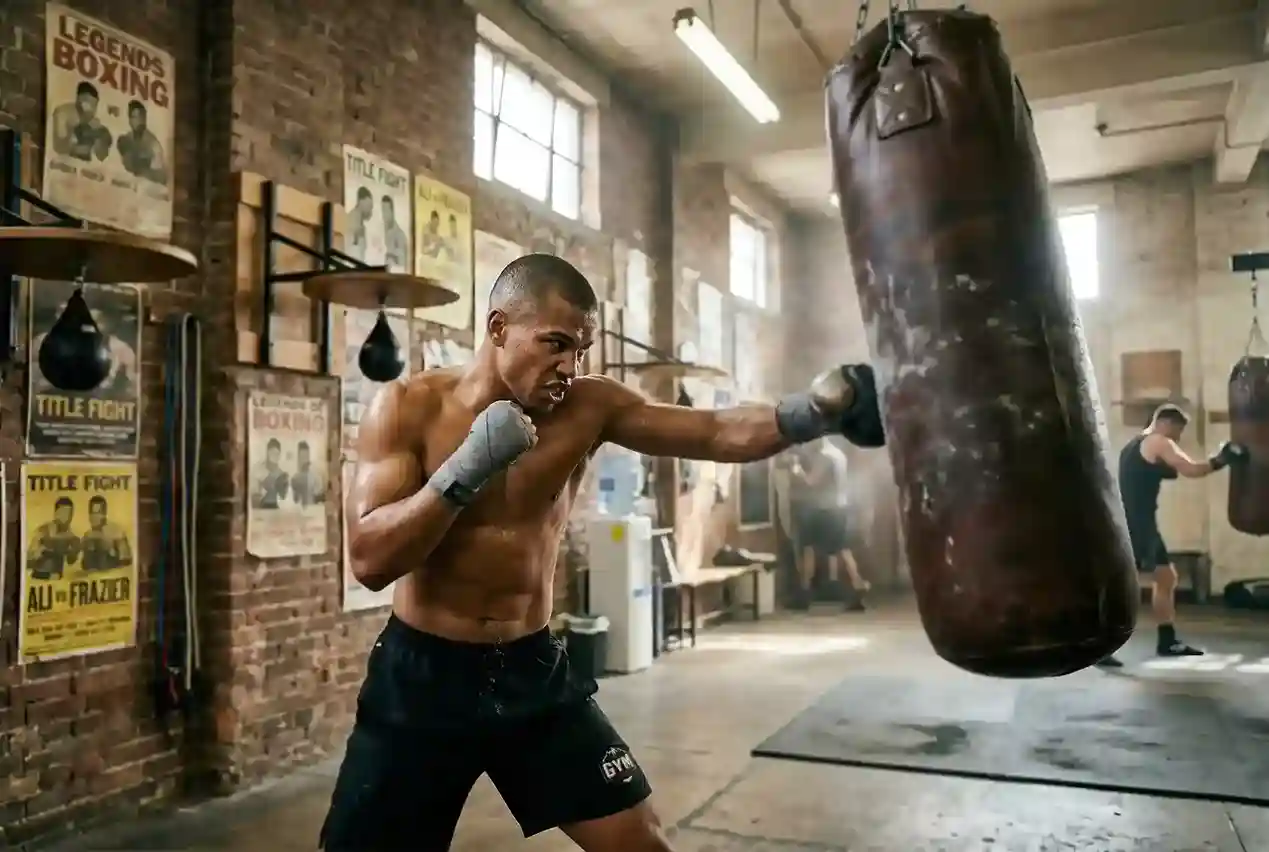 Boxeador entrenando golpes al saco pesado en un gimnasio de boxeo profesional