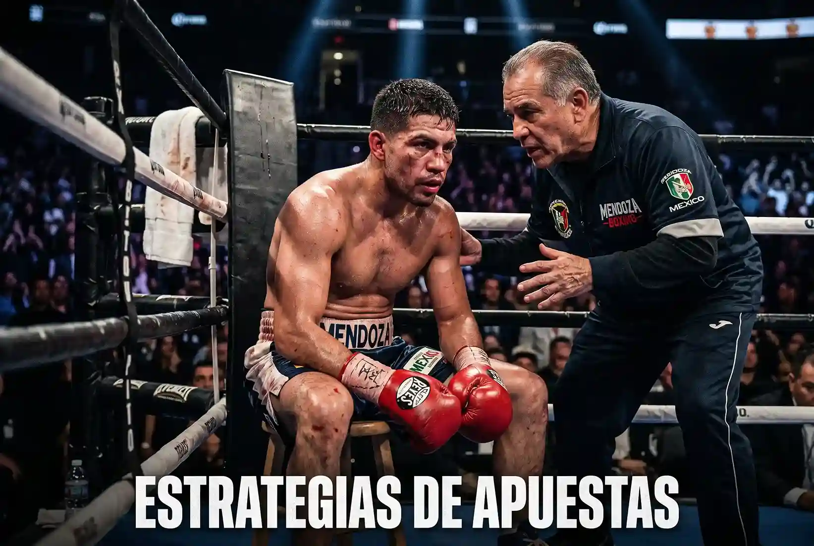 Boxeador concentrado en su esquina del ring antes del combate con fondo oscuro y focos
