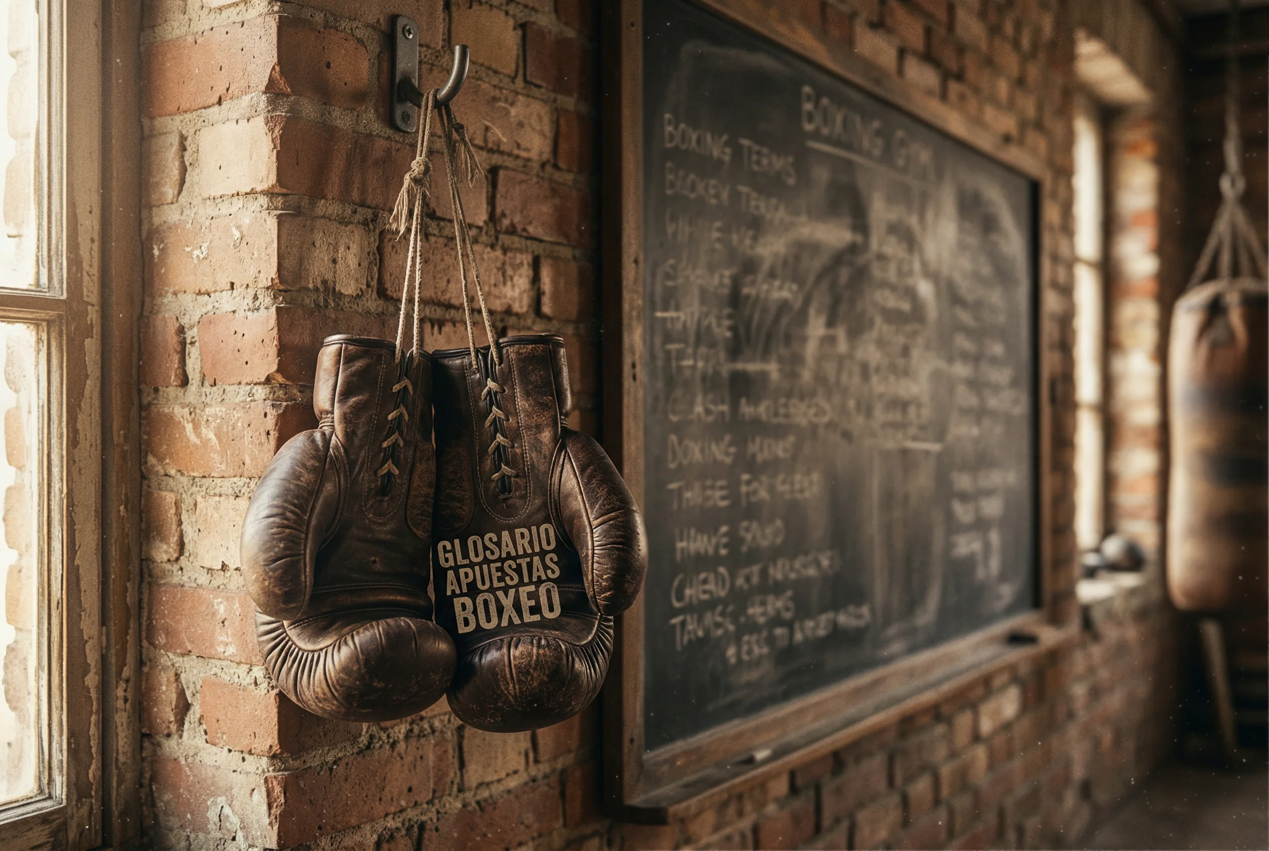 Guantes de boxeo colgados junto a una pizarra con terminos y definiciones escritas