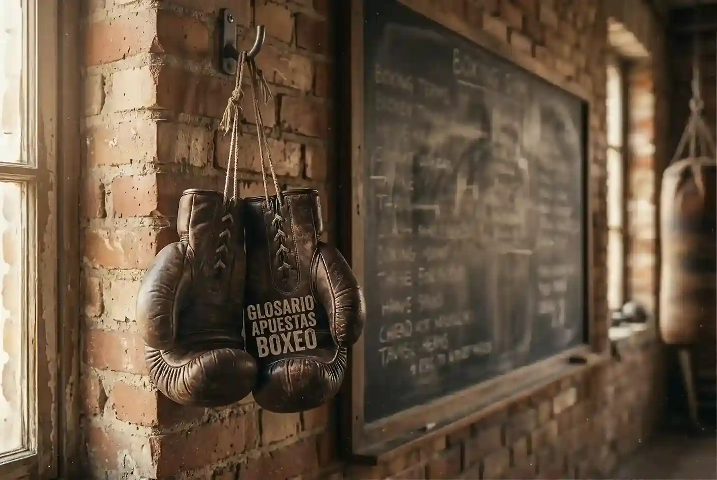 Guantes de boxeo colgados junto a una pizarra con terminos y definiciones escritas