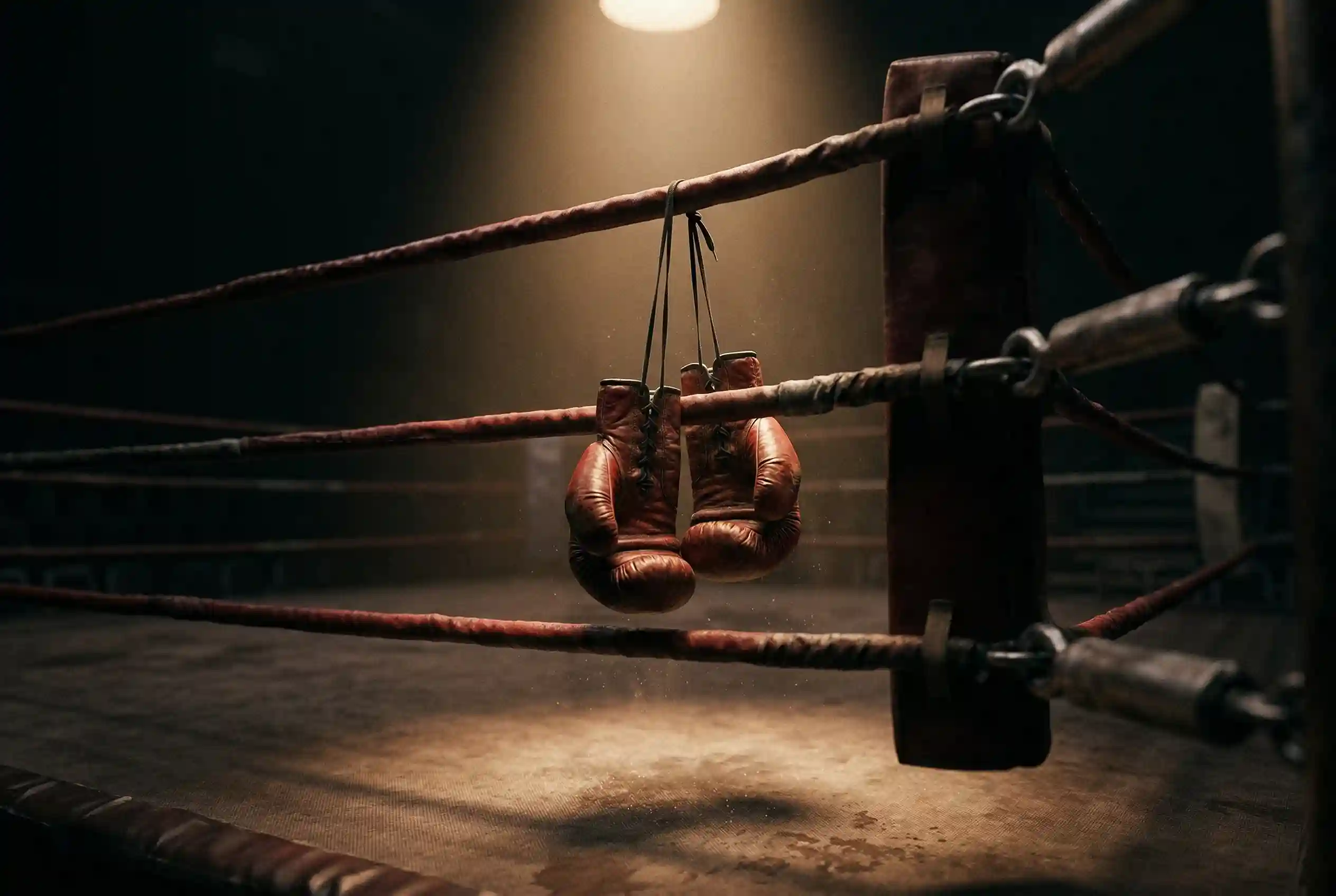 Guantes de boxeo colgados en reposo junto a las cuerdas de un ring vacío