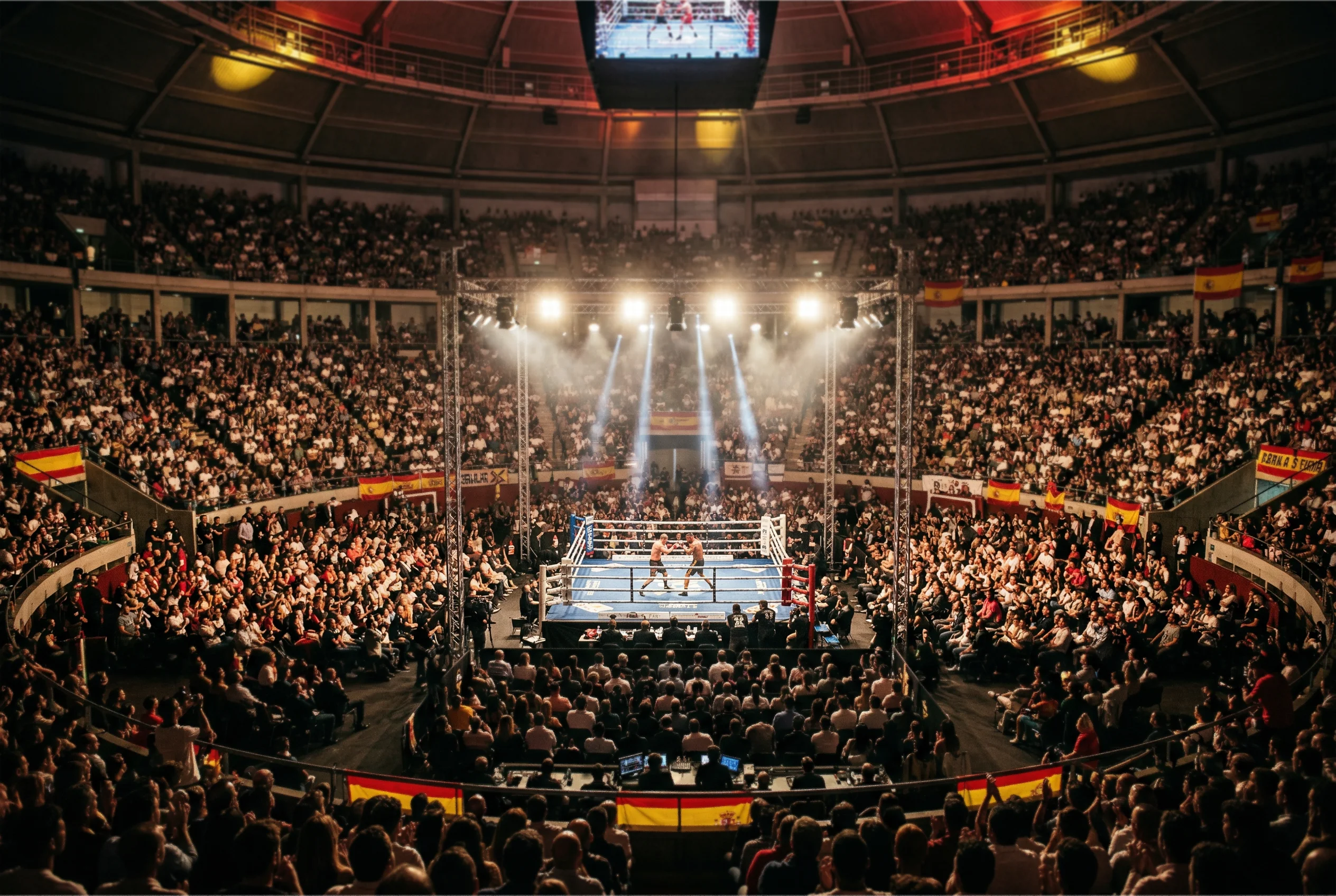 Panorámica de un estadio de boxeo con el público durante una velada en España