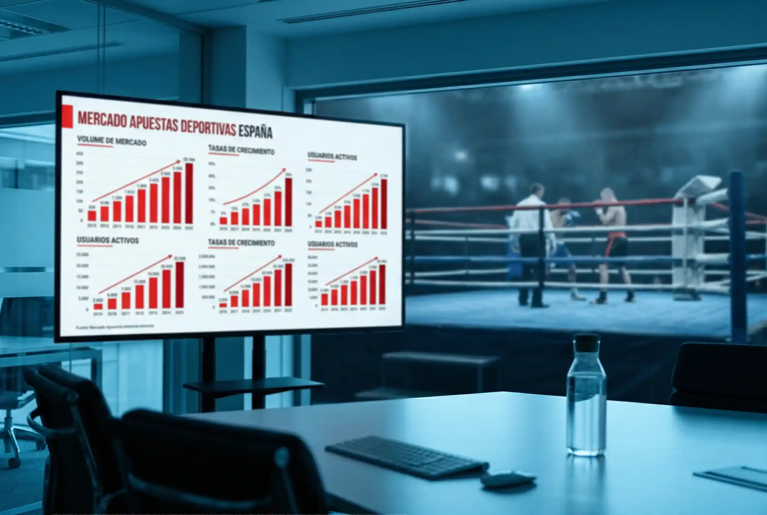 Pantalla con graficos de crecimiento del mercado de apuestas deportivas y un ring de boxeo